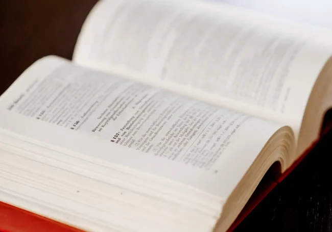 Ein aufgeschlagenes Buch mit Text auf seinen Seiten, das auf einer dunklen Fläche ruht, symbolisiert die Welt des Wissens und der Dienstleistungen, die Bücher bieten können.