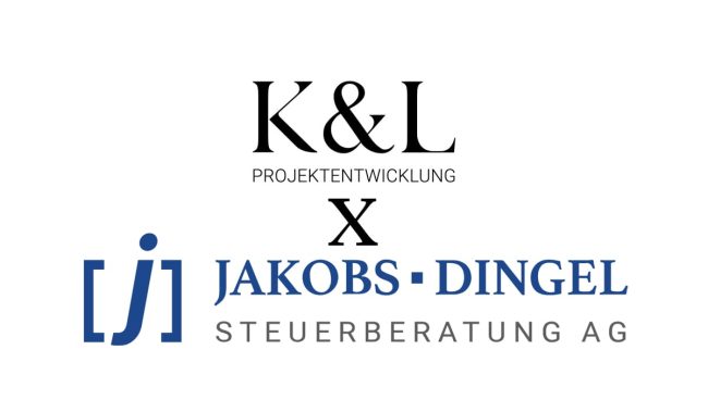 K&L Projektentwicklung-Logo über dem Logo der Jakobs-Dingel Steuerberatung AG mit einem großen X dazwischen, das auf die K&L-Podcast-Diskussionen zu Abschreibung auf Immobilien und Immobilientrends verweist.