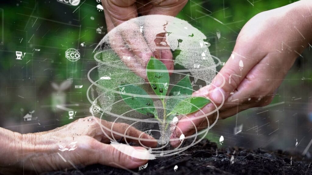 Hände, die eine kleine Pflanze in der Erde hegen und pflegen, mit einem digitalen Globus und umweltfreundlichen Symbolen überlagert - als Symbol dafür, wie deutsche Unternehmen die Richtlinie zur Nachhaltigkeitsberichterstattung (CSRD) für eine grünere Zukunft umsetzen.