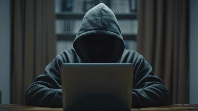 Eine Person im Kapuzenpulli sitzt in einem schwach beleuchteten Raum vor einem Laptop, das Gesicht von Schatten verdeckt - eine Szene, die an eine Warnung vor falschen Steuerbescheiden erinnert.